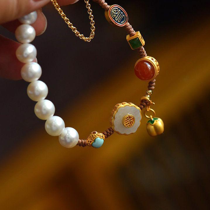 Настоящий браслет с мульти-самоцветами из хурмы: Чистое серебро, Нефрит Хэтянь, Южный красный, Пресноводный жемчуг и Бирюзовые бусины для женщин.