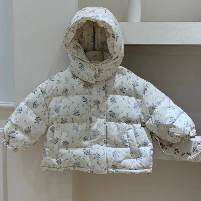 Mädchen Daunenjacke Winterkleidung Kleine frische Blumen Kapuzen weiße Entendaunen warme Jacke Flut