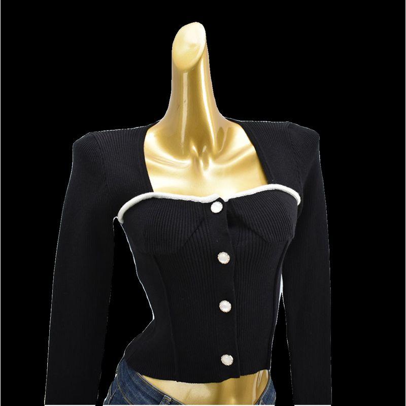 Sweet and Spicy Chic High Quality Thick Spring and Autumn Square Collar Short Silm Sexy Long Sleeves Knitting Soft Glutinous Cardigan Women