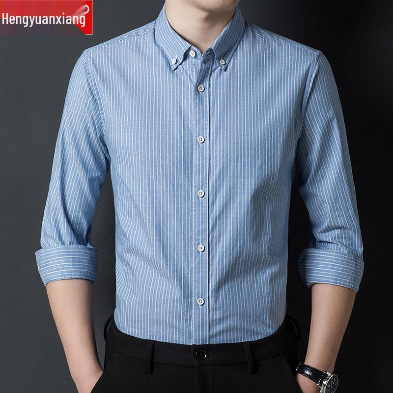 Hengyuanxiang Men's Non-Iron Striped Cotton Long-Sleeve Shirt - Spring & Autumn Casual Loose Fit