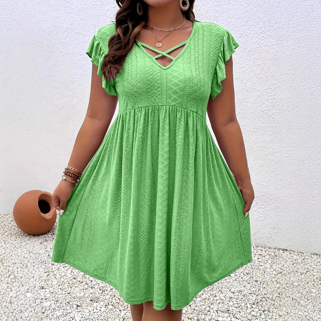 2025 European Spring Women's V-neck Hollow Short Sleeve Cover-up Dress