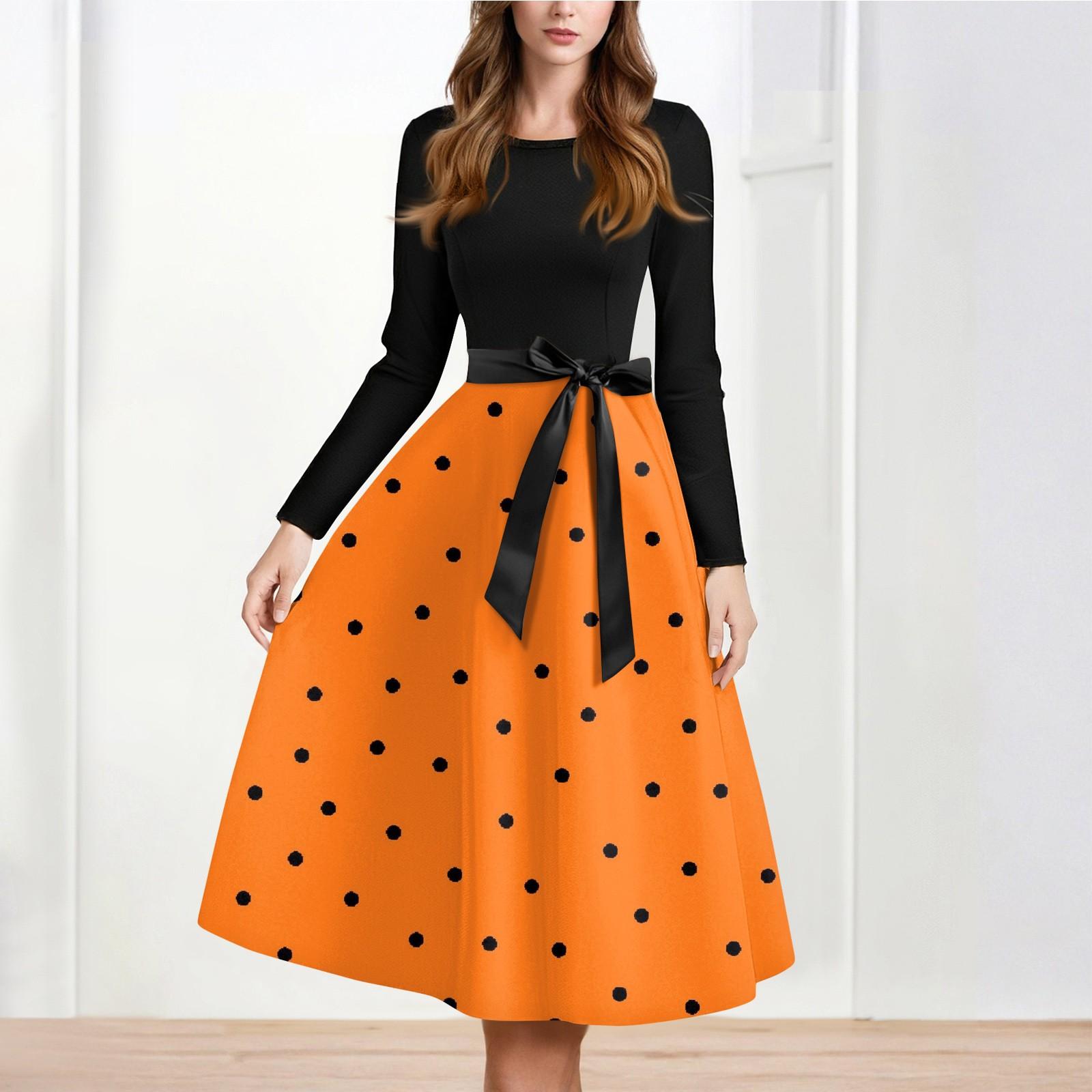 

Женское повседневное и модное платье с длинными рукавами и R-образным вырезом с принтом снежинок L оранжевый