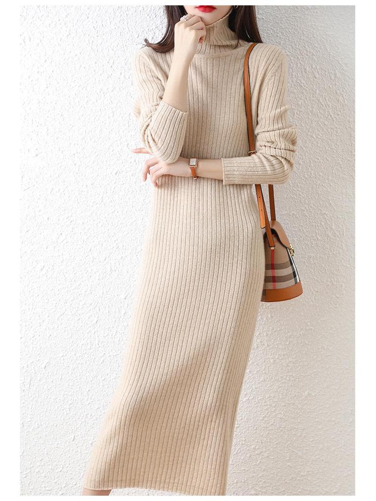 2022 Women’s High-Neck Ribbed Wool Knit Dress - Slimming Over-the-Knee Base Layer