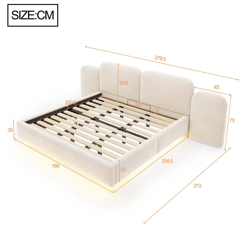 Cama Tapizada 180*200cm, Con Almacenamiento Hidráulico, Tira de Luces LED, con Puerto de Carga, Cabecero Cómodo, Somier de Láminas, Tejido de Terciopelo Beige