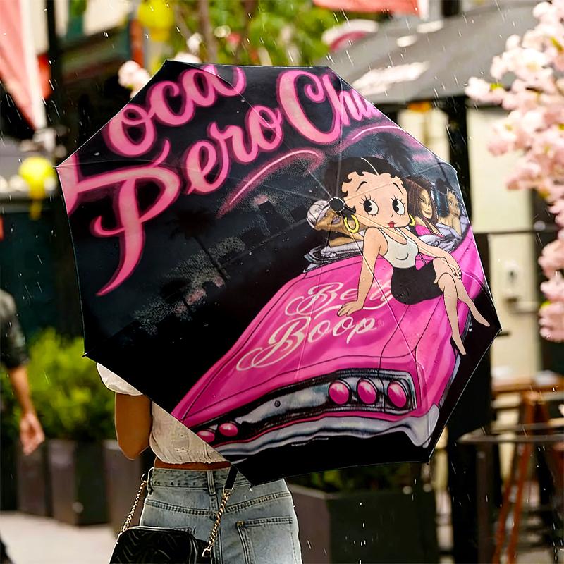 1pc Sturdy 8-Bone Auto Umbrella, Betty Boop Umbrella, Digital Printed, Foldable Umbrella for On-the-Go Outdoor Use