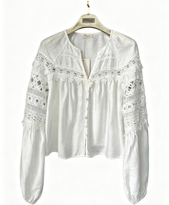 European and American cross-border women s clothing embroidered hollow lantern sleeve shirt women s loose fringed V-neck long-sleeved design top S белый