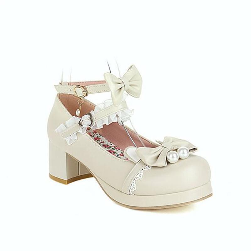 Süße Perle Schleife Mädchenschuhe 2025 Damen Absätze Plateau Spitze Prinzessin Mary Jane Lolita Schuhe Party High Heels Damen Pumps30-43