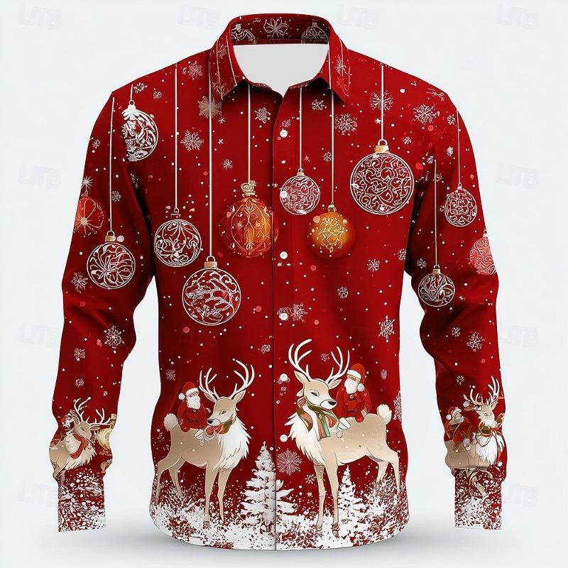 Men's 3D Graphic Long Sleeve,Street Style Fashion, Santa Claus Reindeer Christmas Baubles Print Design,2025 Autumn Casual Shirt
