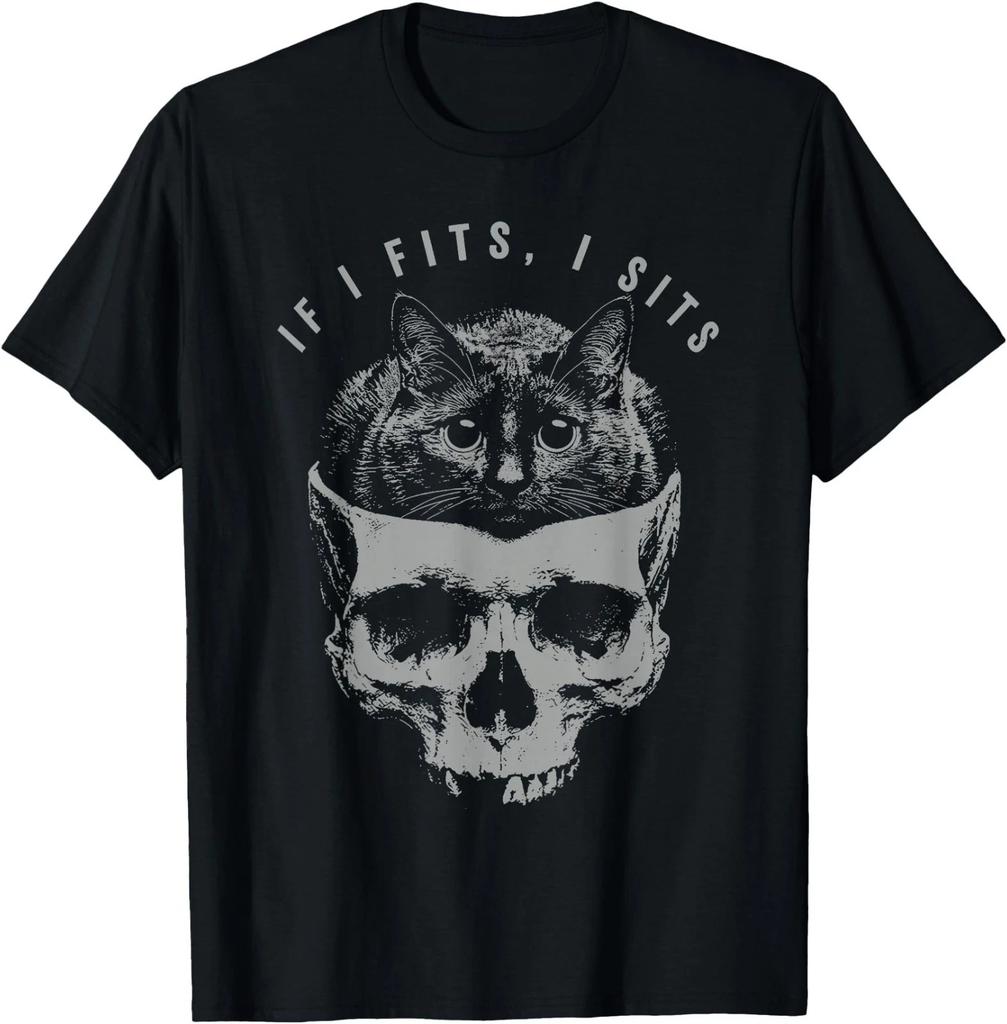 If It Fits I Sit Black Cat Skull Minimalist Meme Humor T-Shirt