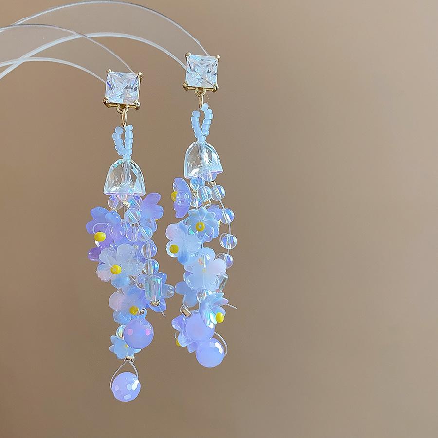 Mori Style Silver Needle Floral Glass Grape Tassel Earrings – Elegant High-End Design