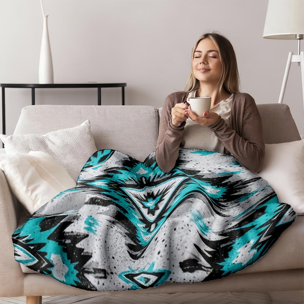 1pc Turquoise Aztec Print Fleece Blanket, Southwestern Boho Throw Blanket for Home Couch Bedroom Decor
