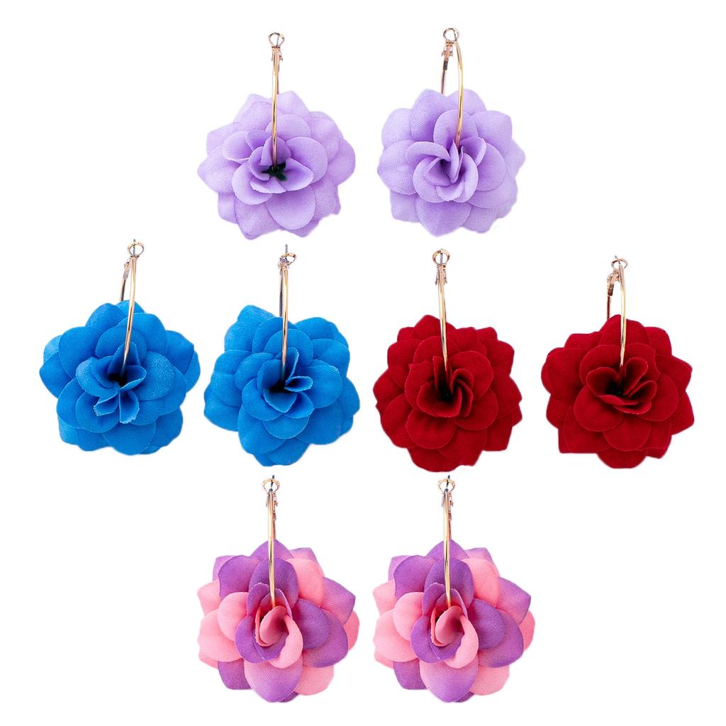 A Pair of Women's Hoop Earrings with Red Three-Dimensional Fabric Flowers, Suitable for Everyday Wear and Vacation Wear