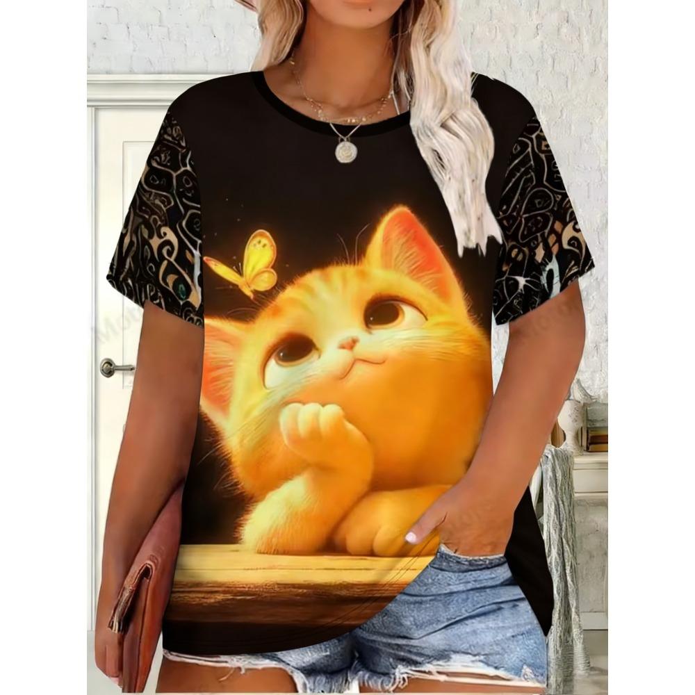 Fashion Cute Cat Pattern Women's T-Shirt Casual Comfortable Animal Printed OverSize Round Neck Short Sleeve T-Shirt