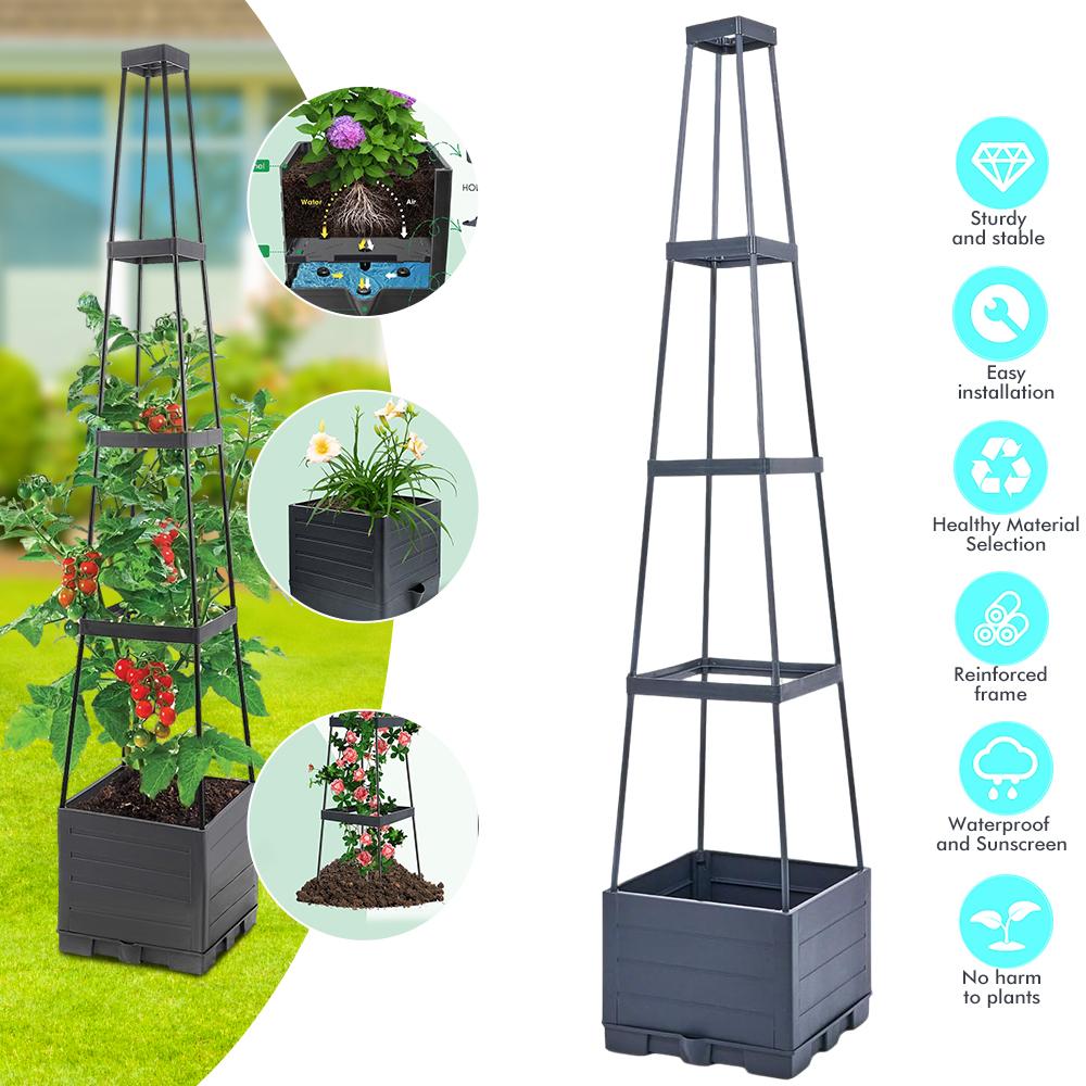 4-story Raised Planter Box with Trellis Plastic Raised Garden Beds and PP Trellis for Climbing Plants,Flowers,Vegetables