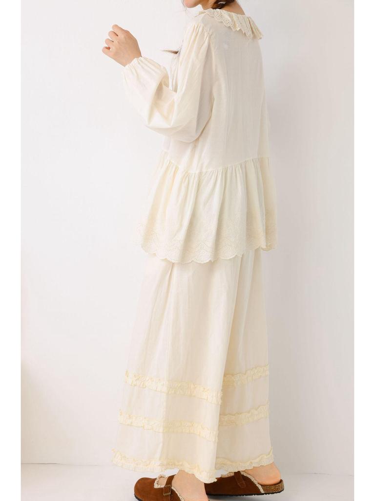2026 Japanese Sweet Patchwork Ruffle Wide-Leg Cropped Cotton Pants for Women