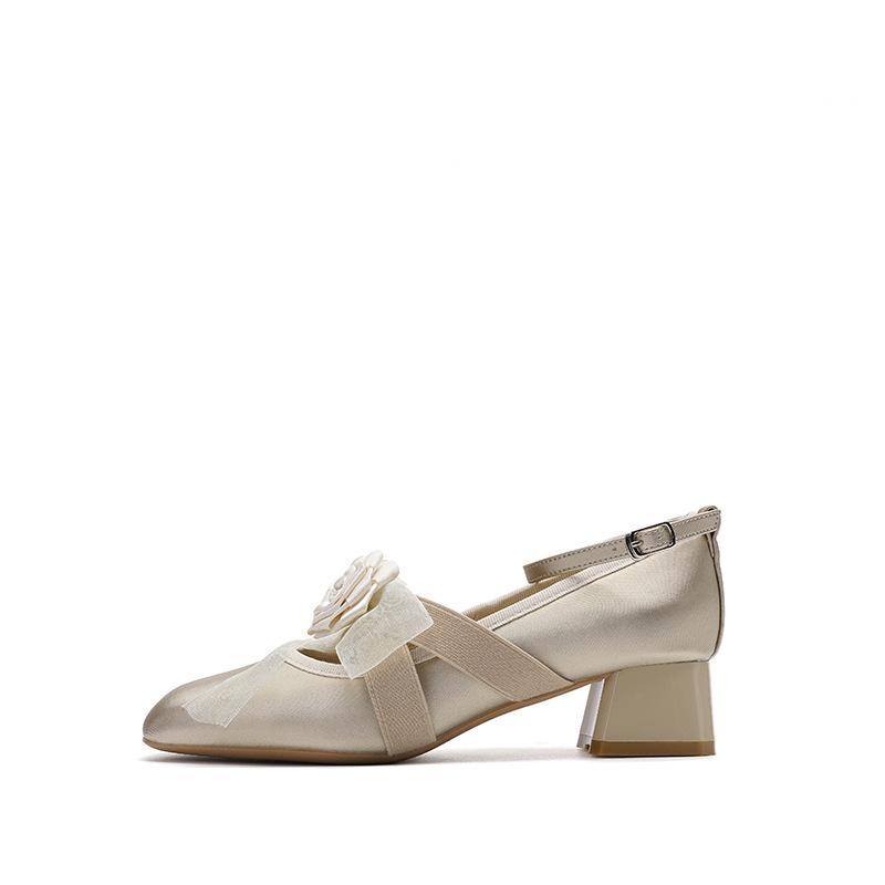 57709 [sheepskin] High Heels Women's Thick Heel New Square Head Word with Mary Jane Shoes Light Mouth Flower Single Shoes
