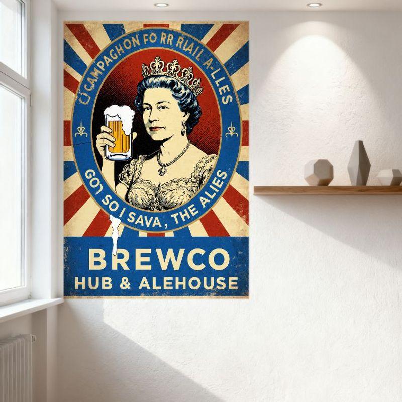 Vintage Queen Elizabeth II Beer Propaganda Metal Tin Sign, Retro Union Jack Radial Burst Wall Art for Bar Pub Man Cave Home Deco