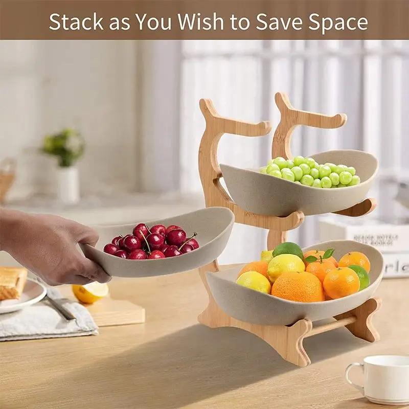 3-stöckiges Obst-Serviertablett, Trockenobstschale mit Böden, Süßigkeiten-/Kuchentablett, Snackschale, Lebensmittel-Präsentationsständer aus Holz für das Wohnzimmer zu Hause