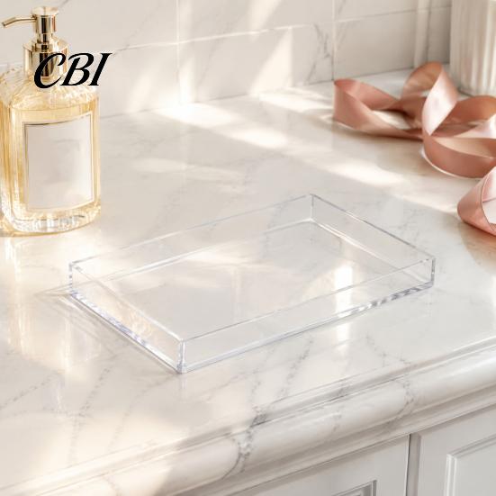 Organizing Tray for Toiletries Clear Acrylic Decorative Tray, Modern Rectangular Vanity Space Stylish Tabletop Organizer Saving Jewelry And