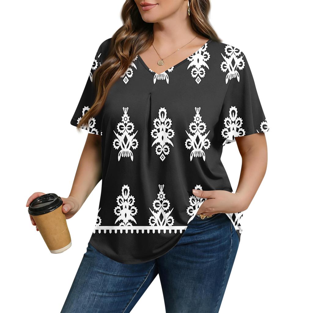 Women's Plus Size Fashionable Casual Loose-Fit Short Sleeve Elegant V Neck Blouse For Work