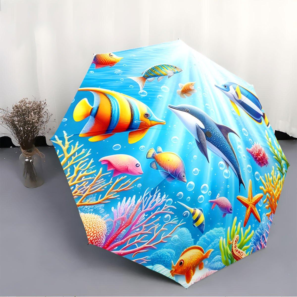 

Automatic Folding Umbrella Ocean scene with colorful fish, coral, and a dolphin. Portable collapsible design, casual outdoor a Iron&8K