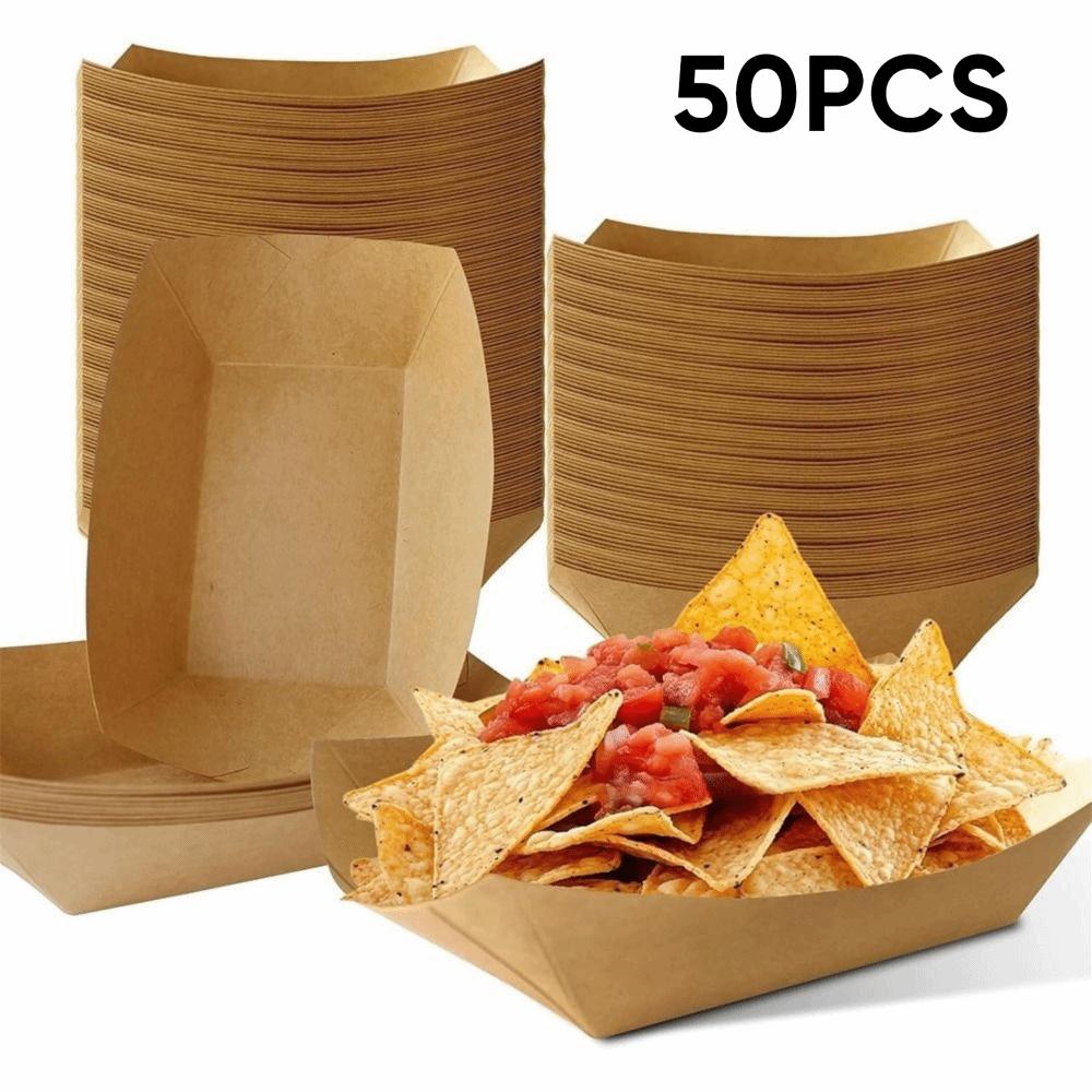 50Pcs Sturdy Durable Kraft Paper Food Containers Boat Shape Snack Bowl Food Tray Box  Picnic Camping