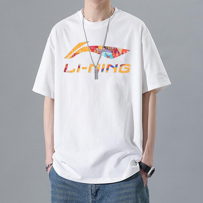 Li Ning Sports Fashion Series Letter Logo Cartoon Pattern Printed Loose Casual Short Sleeve T-Shirt Unisex Tops White AHSU837-2