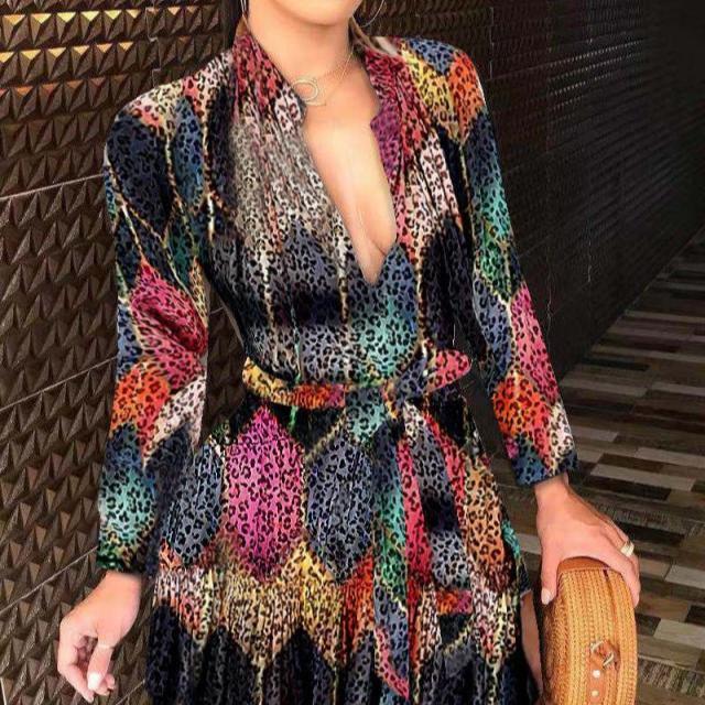 BITCED Women's Long Sleeve V-Neck Tie Fashion Sexy Printed Dresses