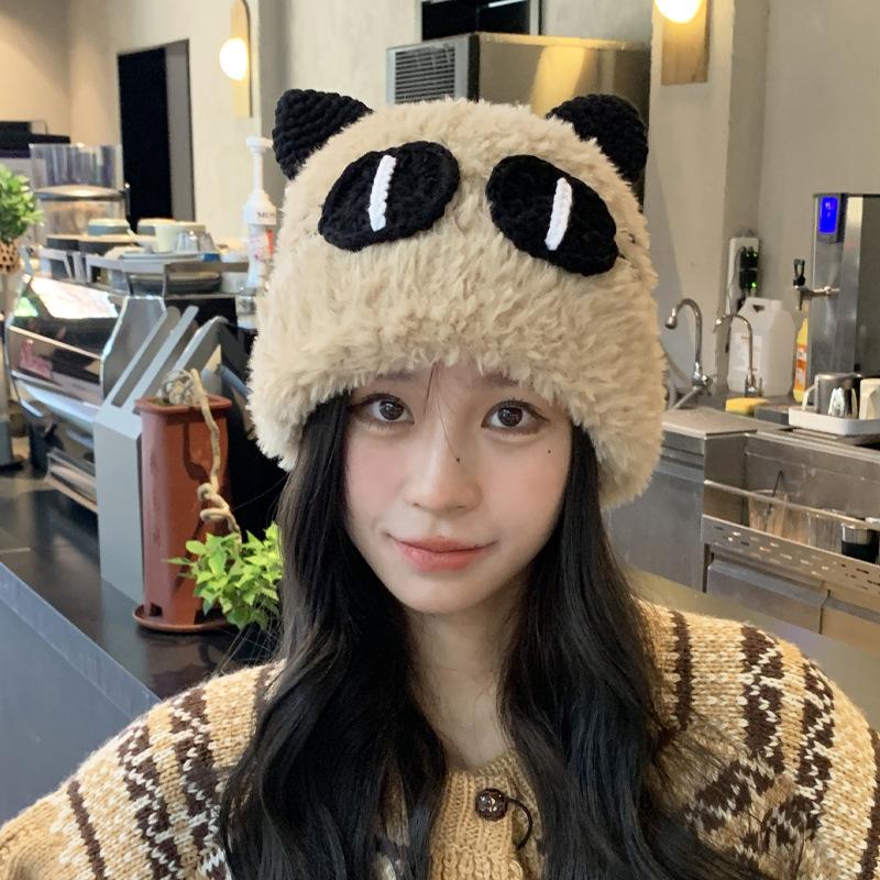 Autumn and winter cute cat big eyes plush knitted hat couple thickened warm big head circumference versatile basin hat