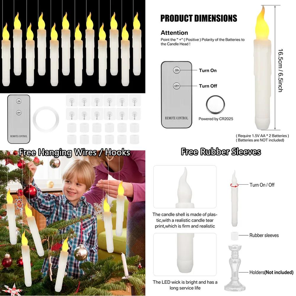 12/24Pcs Floating Taper Candles with Remote Control Flickering LED Electronic Candle Sticks for Halloween Christmas Party Decor