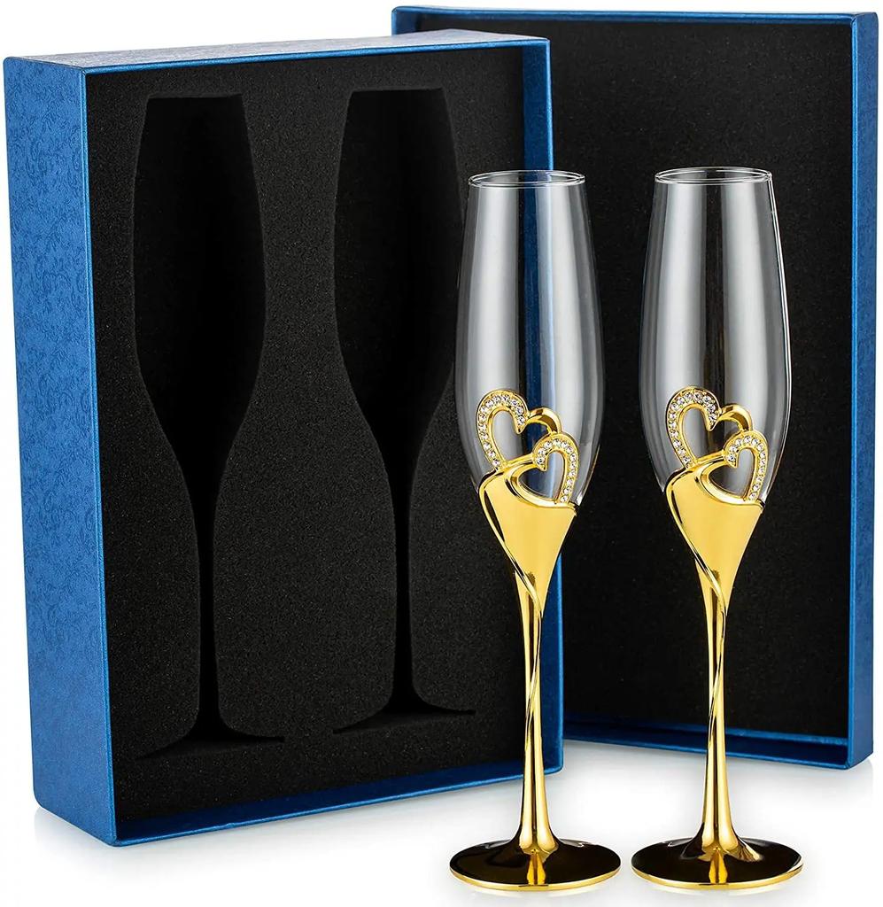 2pcs 200ml Wedding Champagne Glass Set Hearts Gold Toasting Flute Wine Glass Goblet Party Lover Anniversary Valentine's Day Gift