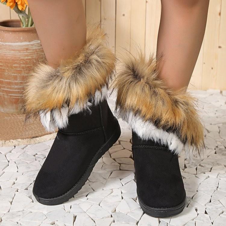 Large size snow boots women's winter new fashion round head flat bottom fluffy mouth plush warm cotton shoes