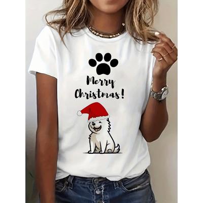 Vintage Grafik-T-Shirt mit einem fröhlichen Weihnachtshund, kurzärmlig, Rundhalsausschnitt, lässiges Oberteil für Sommer und Frühling, für Damen