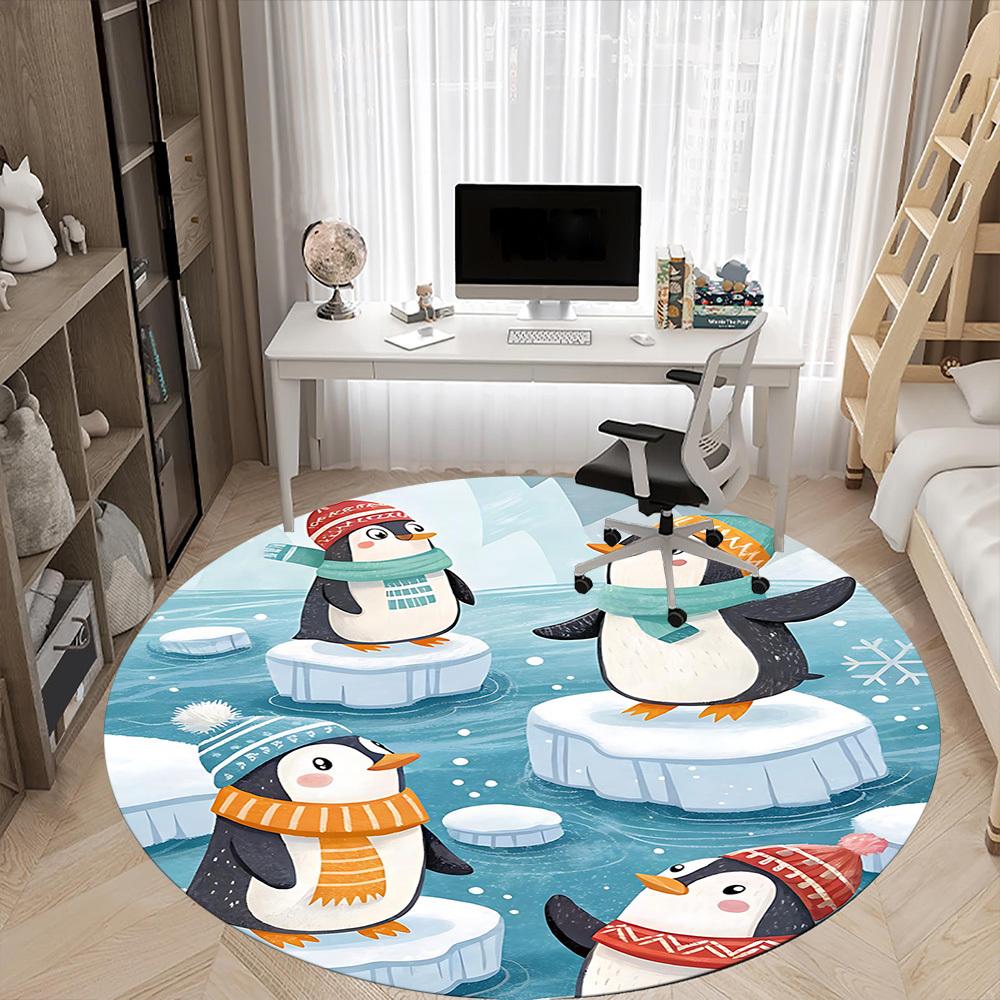1PC Penguin Iceberg Pattern Office Round Area Rug, Indoor Mat Suitable For Office, Under Office Chairs Bedroom Living Room Home Decor, Room Deco 145