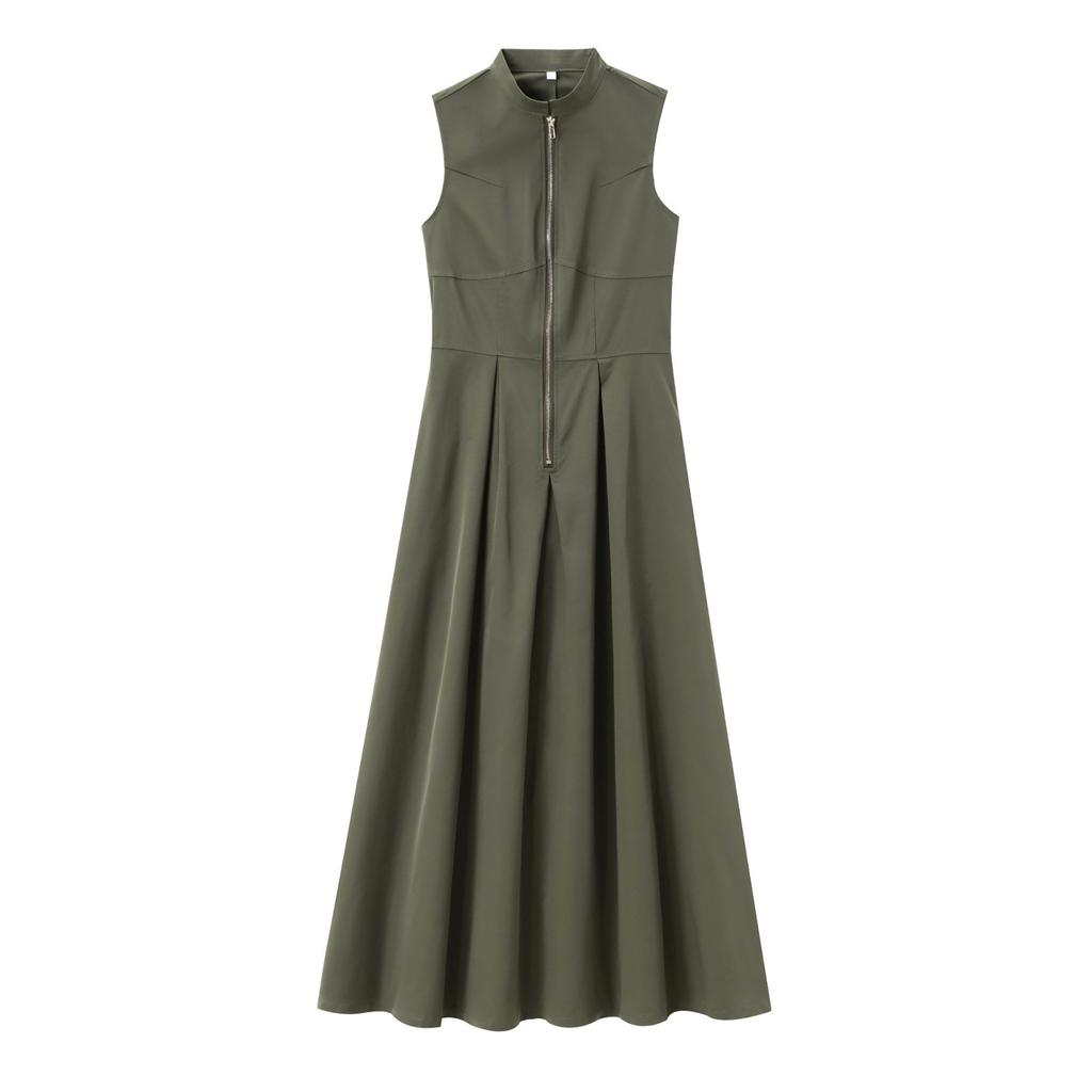 Women's Solid Color Sleeveless Zip Front A-Line Maxi Dress with Pockets