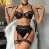 Erotic Lingerie Women's Large Mesh Hollowed Out Splicing Cross Chest Patch Metal Chain Fun Lingerie Three Piece Set