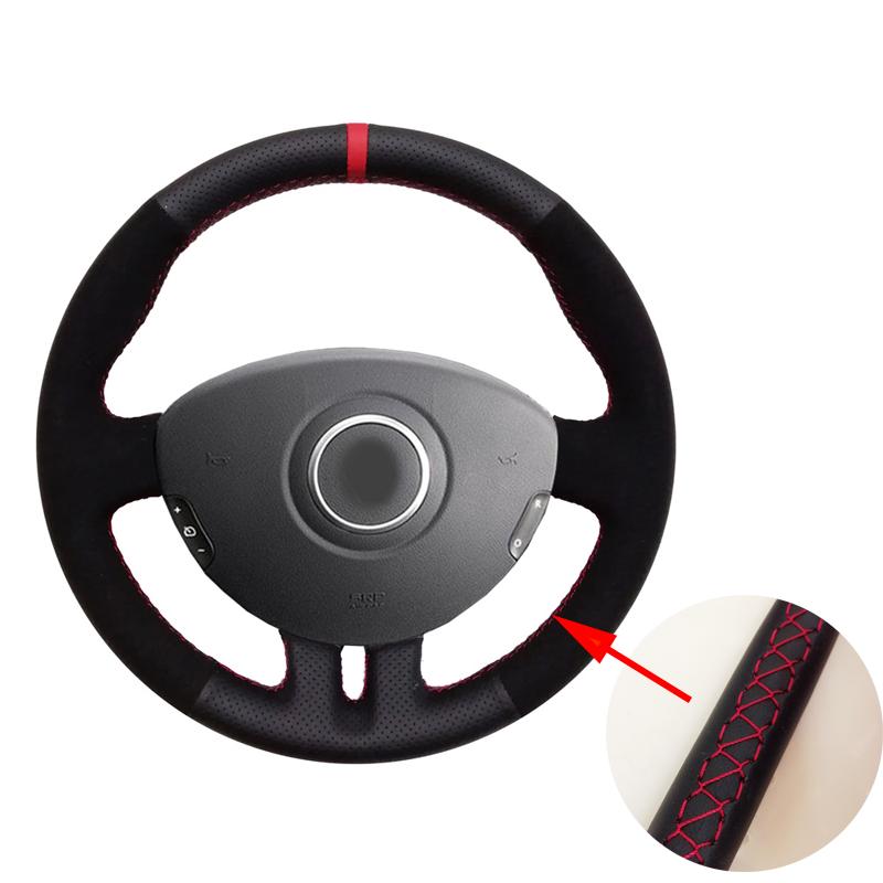 WCaRFun Black Leather Suede Red Marker Car Steering Wheel Cover for Renault Clio 3 2005-2013 Clio Dynamics 2008 Clio Mk 3