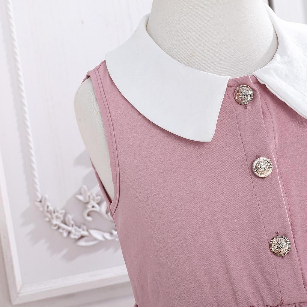 Girls Sleeveless Peter Pan Collar Dress with Ruffle Trim, Button Detail Casual Outfit