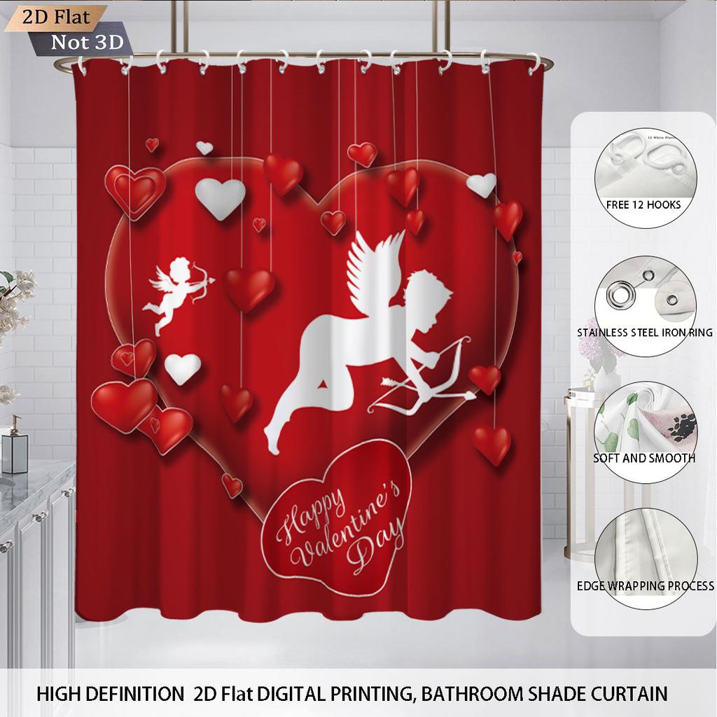 4pcs Valentine's Day Romantic Rose Flower Printed Bathroom Set Waterproof Shower Curtain Floor Mat Toilet Mat U-Shaped Mat