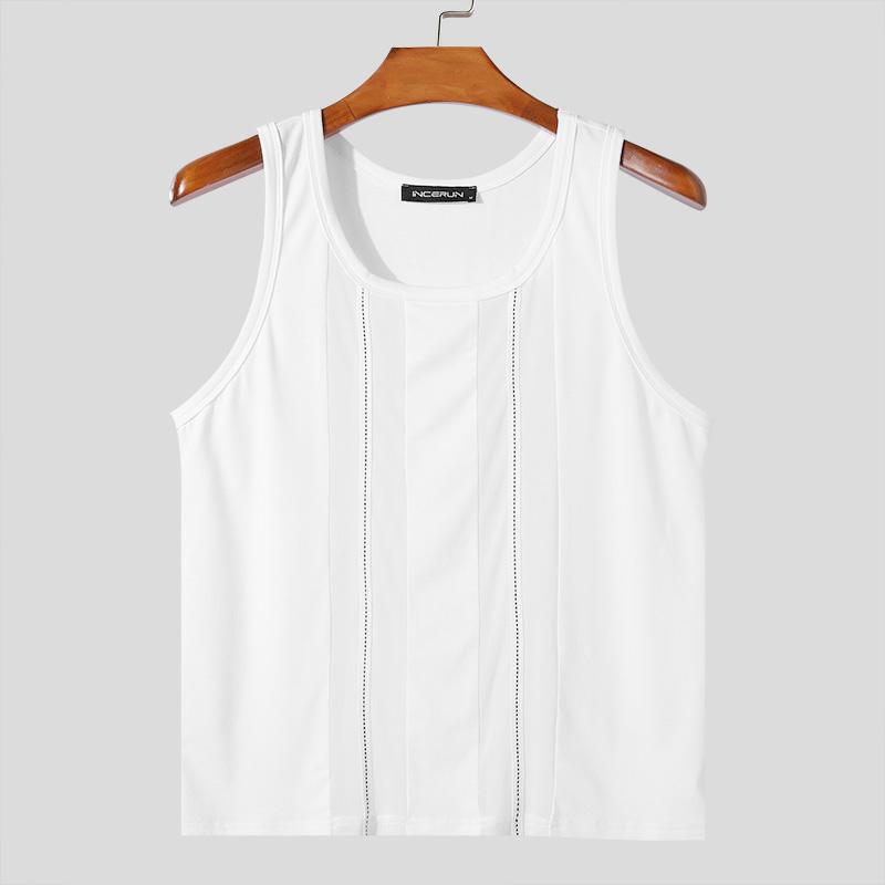 INCERUN Men Sleeveless Patchwork Mesh Sheer Tank Tops See Through Vest