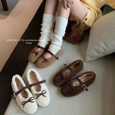 Fashion Bow Light Mouth Hair Shoes Women's Single Shoes 2025 Winter New Round Head One-word Buckle with Inner Height Increase Shoes
