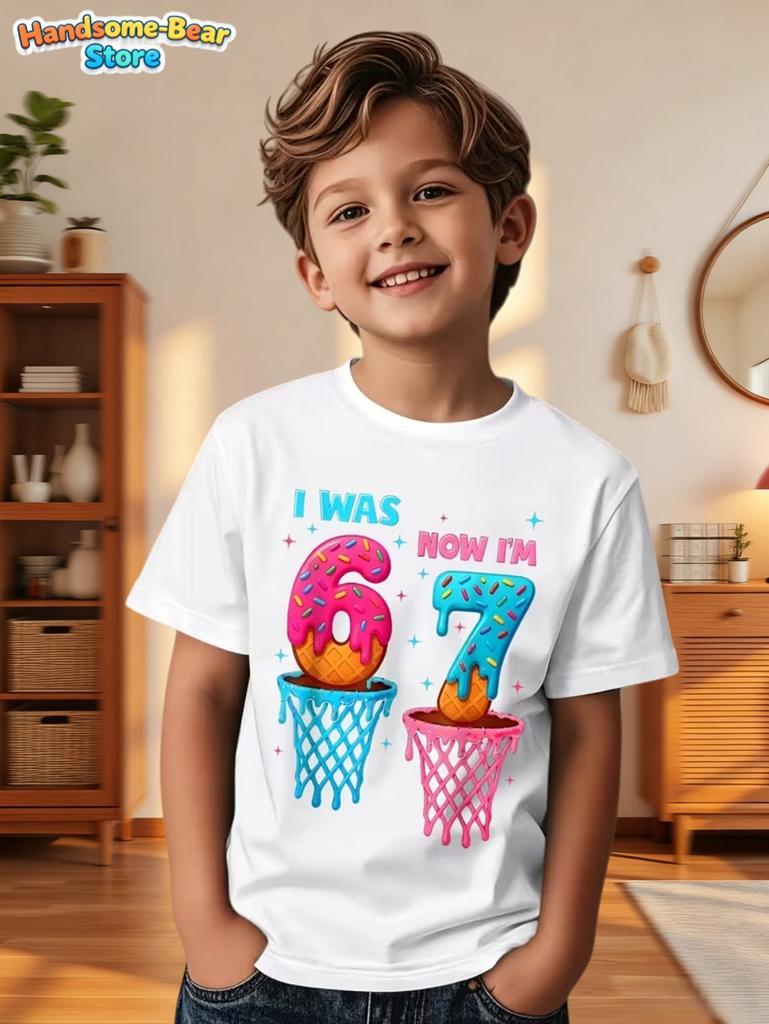 67 Meme T-Shirt for Kids 6-7 Years Old Birthday Party Gifts Summer Short Sleeve Tees Crew Neck Graphic Y2k Children's Clothing