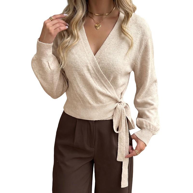 2026 Solid Color Wrap Tie V-Neck Sweater Casual Long Sleeve Pullover Women