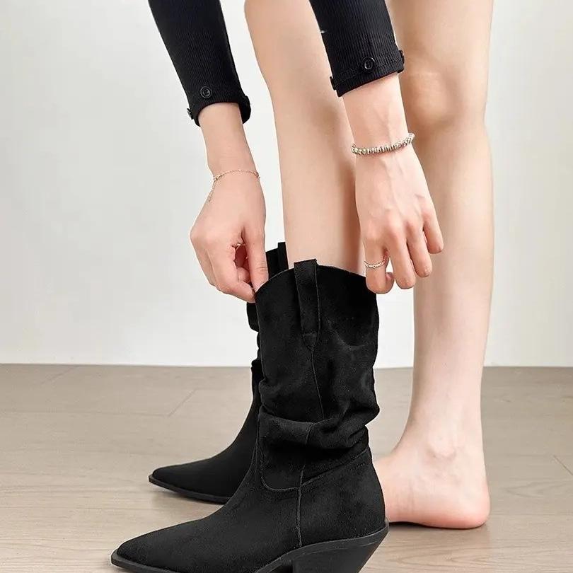 Western Cowboy Boots Thick Heel Retro Short Boots Women's 2025 New Thin High Heel Pointed Thick Heel Pleated Pile Boots Tide