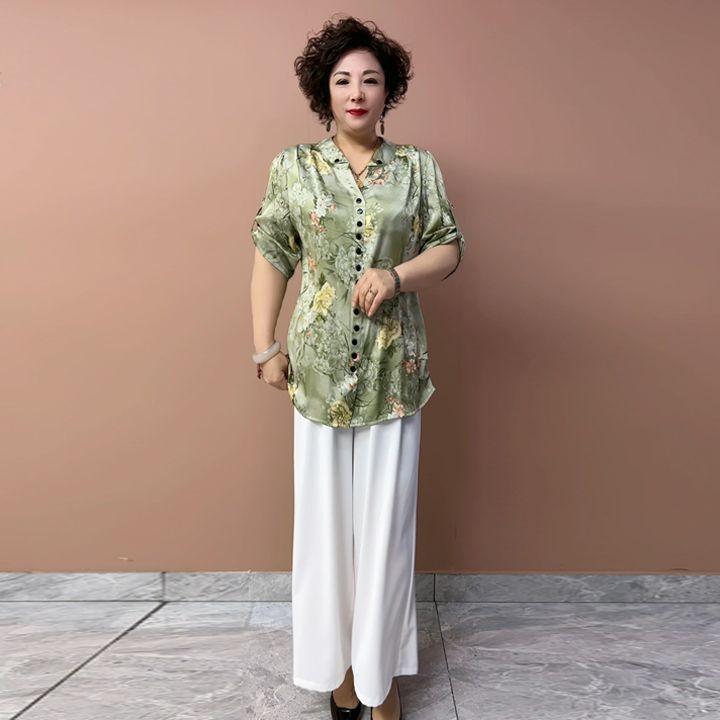 Summer Women's Floral Silk Shirt  Loose V-neck Plus-size Blouse