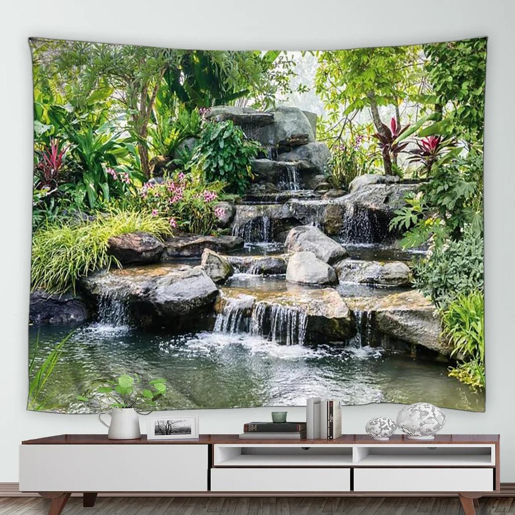 Home Decor Wall Hanging Tropical Garden Landscape Tapestry Waterfall Flower Tree Vintage Brick Vine Plant Park Natural Scenery