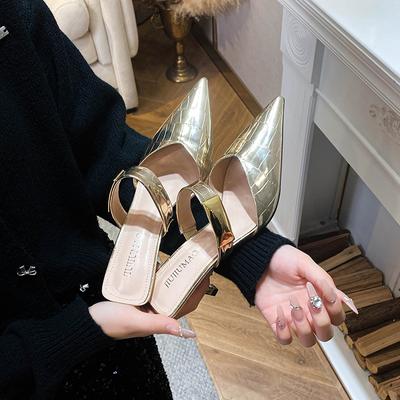 Puntige halve pantoffels dames lente en herfst 2025 nieuw veelzijdige hoge hakken stiletto buitenkleding tas neus met sandalen