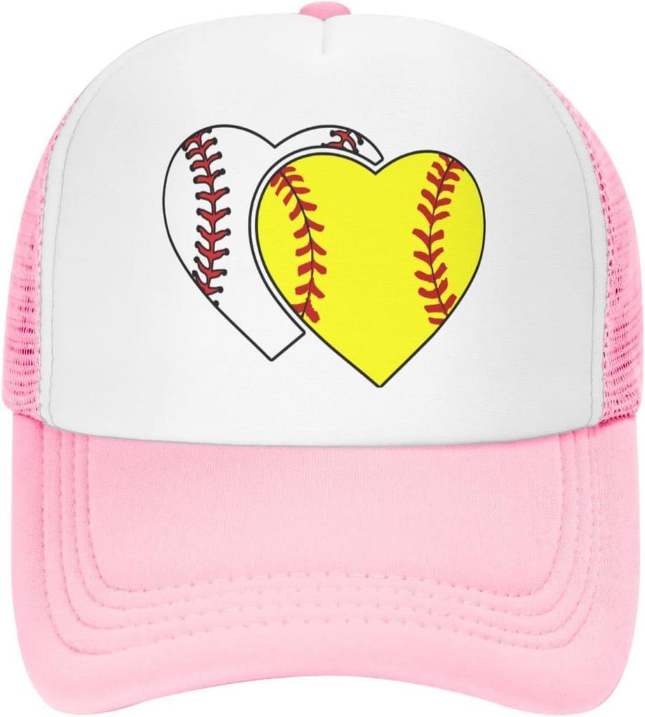 Softball Heart Graphic Trucker Hat Polyester Mesh Adjustable Baseball Cap Casual for Men Women