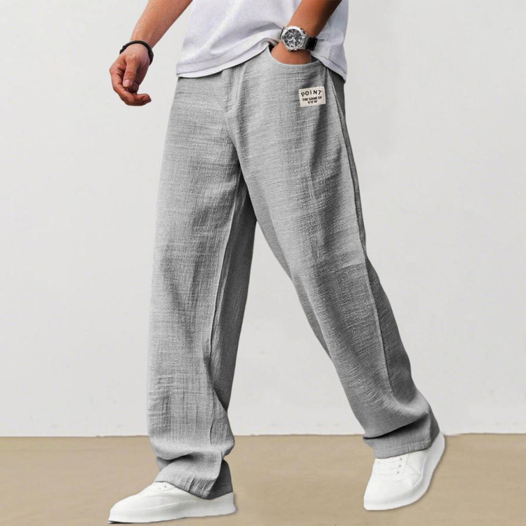 Men's Casual Loose Fit Linen Trousers Lightweight Breathable Straight Leg Pants Elastic Waist Drawstring Design