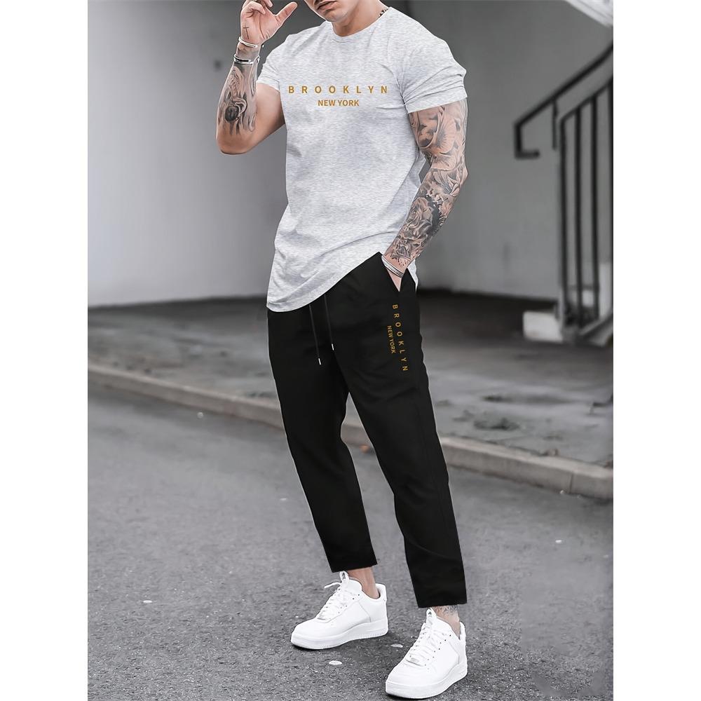 2 Piece Regular Fit Men's Jogger Pants Letter Printed Men's Short Sleeve T-Shirt Set Street Outdoor Casual Fashion Set